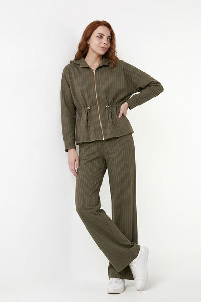Purpleclo Set de trening pentru femei, cu glugă, cu dungi, din țesătură modal, bluză sport și pantaloni, bleumarin