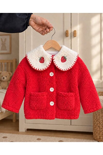 Minizade Girl's Strawberry Embroidered Baby Collar Red Plush Coat with 100% C...