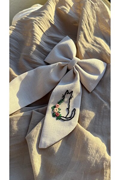 Generic Brand Cat Embroidered Bow Light Beige Hair Clip |   Handmade Fabric R...