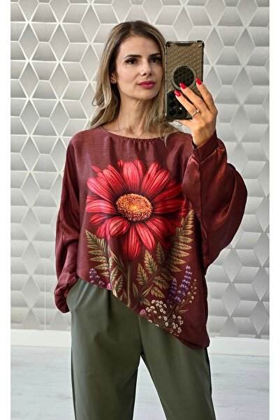 styleFlex Bluză satinată cu imprimeu floral 3D și umeri căzuți