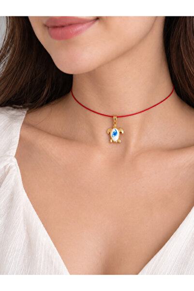 Femenino Kırmızı İpli Mineli Kaplumbağa Charm Ayarlanabilir Choker Kolye