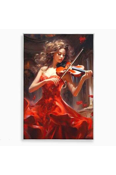 Luxcanva Tablou Canvas Rapsodie in Rosu 40x60 cm cu Rama Argintiu Vioara Muzi...