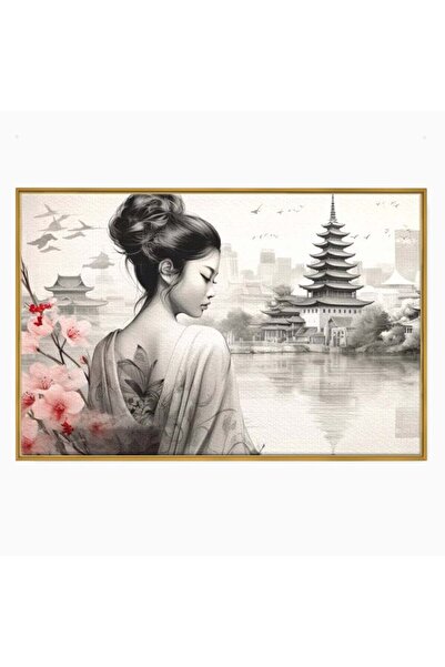 Luxcanva Tablou Canvas Memoriile Unei Gheise 100x70 cm cu Rama Auriu Sakura T...