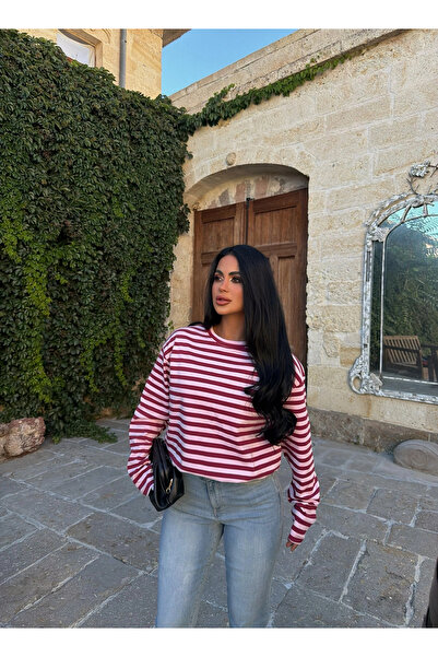kırmızı butiks Bordo Stripe Oversize Sweatshirt