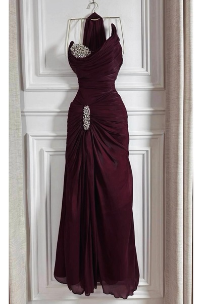 Rizwan01 Title: Burgundy Crinkle Fabric Dress with Crystal Embellishments