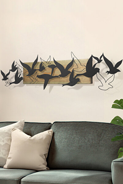 DEKORENZO Yatak Odası Duvar Süsü Uçan Kuşlar 100x22 cm Yeşil Ahşap