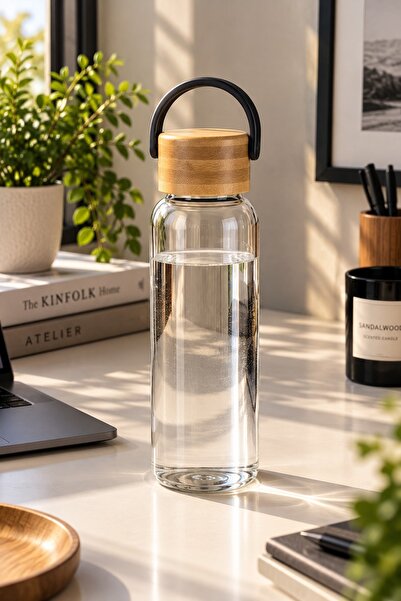 EVORRA LİVİNG Glass Water Bottle 420 ml – Water Bottle with Bamboo Lid and Ca...