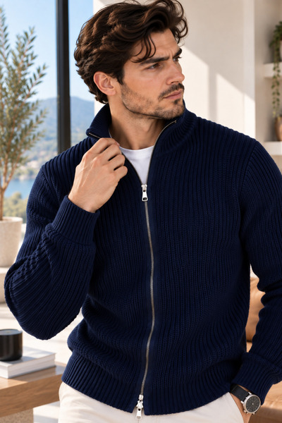 Cherry Butik Men's Zippered Stand Collar Thick Knitted Textured Slim Fit Styl...