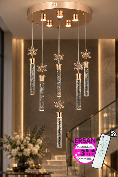 Ersan Avize Cristial 6'li Gold Kumandalı 3 Renk Işık Özellikli Dimmerli Moder...