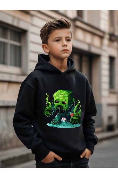yombaa Green Pixel Style Printed Children's Hooded Sweatshirt