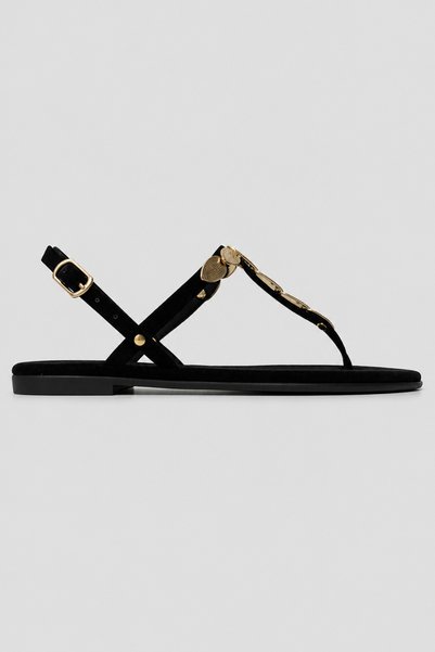 Ülkü Yaman Collection Black Suede Flip-Flop Women's Sandals with Gold Buckle
