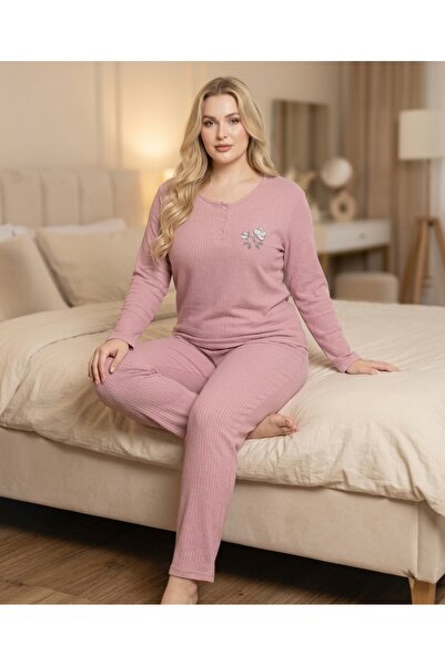 GOOD NİGHT Kadın Büyük Beden Gül Kurusu Çiçek Nakışlı Düğmeli Interlok Pijama...