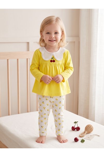 Deniva Kids Kız Bebek & Çocuk Dantel/Örgü Bebe Yaka Kiraz Nakışlı Tunik ve Ri...