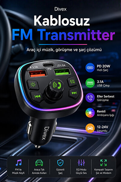 Divex Kablosuz FM Transmitter Araç Şarj Cihazı PD 20W + 3.1A USB, Bluetooth H...