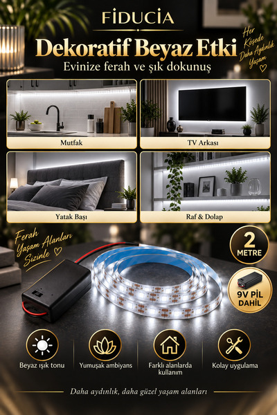 FIDUCIA 2 Metre Beyaz Şerit LED 9V Pil Dahil Yapışkanlı Kesilebilir Aydınlatma