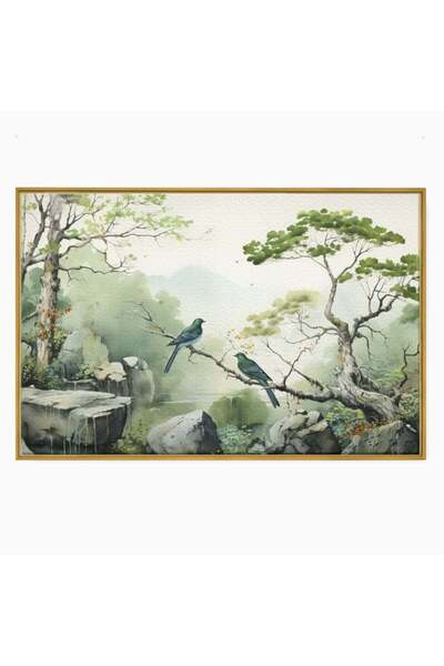 Luxcanva Tablou Canvas Meditatie in Verde si Gri 100x70 cm cu Rama Auriu Medi...