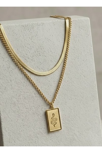 DİAVENTA TAKI VE AKSESUAR Diaventa Jewelry Gold Steel Double Snake Figured Plate Necklace Italian Crushed Chain Combination Tarnish Resistant Steel Necklace/45Cm+5