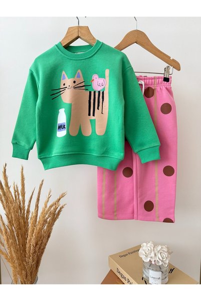 Magu Children's Cotton Cat Printed Green Sweatshirt and Polka Dot Pink Sweatpants Set