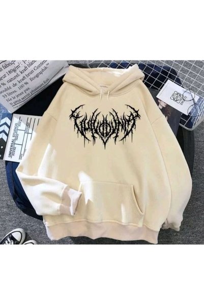 ZEMLİYA Unisex Beige Low Shoulder Oversize Hooded Casual Sweatshirt with Kang...