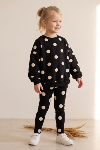 Babymod Girl's Cotton Black Polka Dot Patterned Sweatshirt Leggings Top and B...