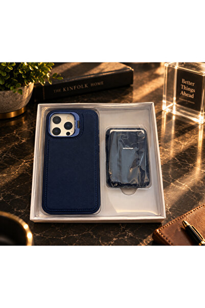 iphone 16 pro max Bracket Standlı Premium Lacivert Deri Telefon Kılıf