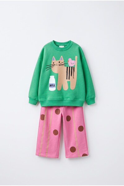 Magu Children's Cotton Cat Printed Green Sweatshirt and Polka Dot Pink Sweatpants Set