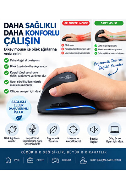 Cloody Pilli Dikey Ergonomik Kablosuz Mouse Fare Wireless 2000 Dpı 6 Mor