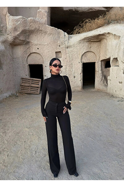 kırmızı butiks Black Wide Leg Woven Fabric Trousers