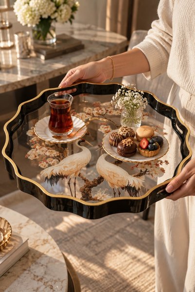 EVORRA LİVİNG Decorative Bird Patterned Tray – Black Gold Presentation and Serving Tray