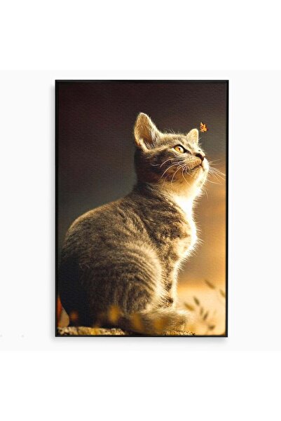 Luxcanva Tablou Canvas Pisica si Fluturele 40x60 cm cu Rama Negru Pisica si F...