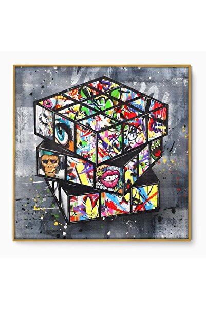 Luxcanva Tablou Canvas Funny Rubik Cube 100x100 cm cu Rama Auriu Funny Rubik ...
