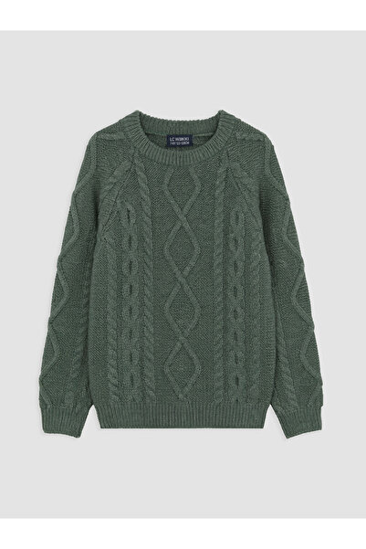 LC Waikiki Peak New Season Green Hair Braided Patterned Boy's Knitwear Sweater