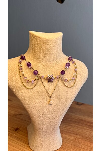 Miras Collection - Aura Mor Kristal Çiçek ve Damla Zirkon 316L Çelik Kolye