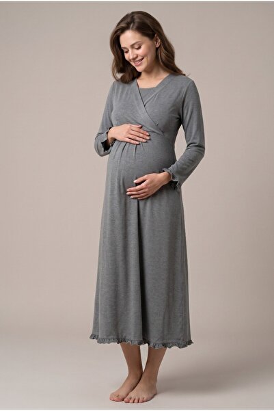 LOHOUSE Women's Smoked Double-Breasted Collar Long-Sleeved Maternity Nightgow...