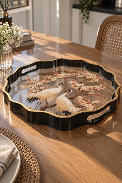 EVORRA LİVİNG Decorative Bird Patterned Tray – Black Gold Presentation and Serving Tray