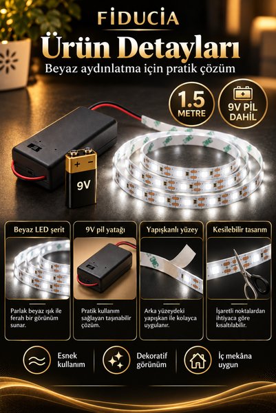 FIDUCIA 1.5 Metre Beyaz Şerit LED 9V Pil Dahil Yapışkanlı Kesilebilir Dekorat...