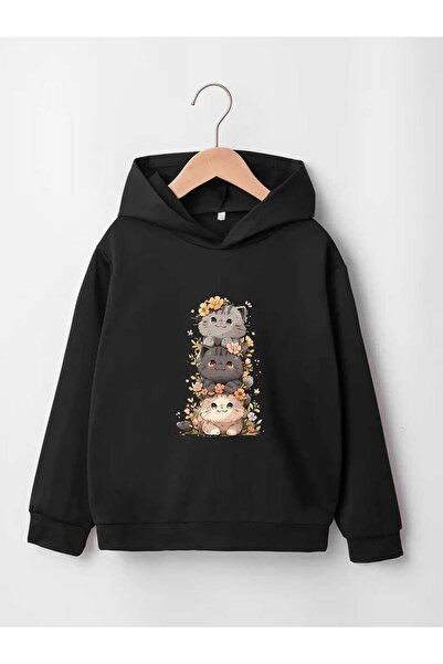 valeriae Unisex Black 3 Thread Threaded Oversize Hooded Sweatshirt Basic Comf...