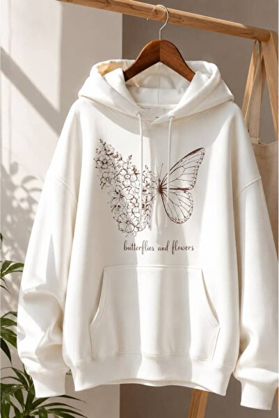 valeriae Unisex White Oversize Hooded Sweatshirt with Kangaroo Pocket, 3 Thre...