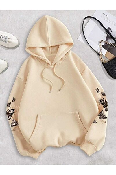 classy moda Unisex Beige Low Shoulder Oversize Hooded Casual Sweatshirt with ...