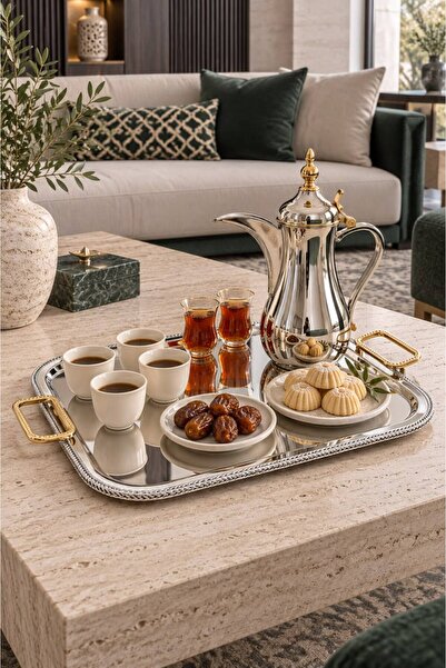 Generic صنية تقديم مقاس 50 × 35 سم باللون الفضي مع مقابض ذهبية مزخرفة – لمسة ...