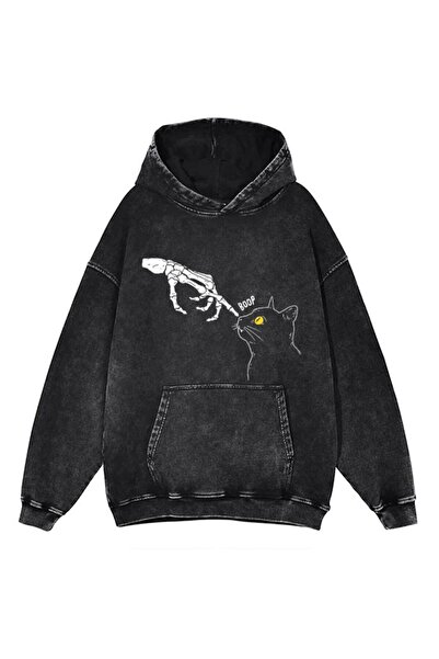 bellanova Unisex Anthracite Acid Wash Effect Washed Oversize Hoodie Thick Fabric