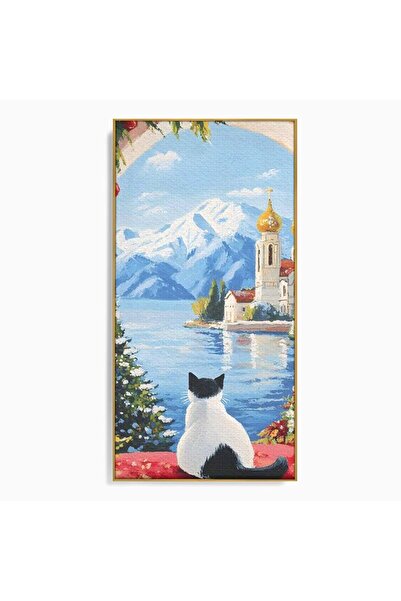 Luxcanva Tablou Canvas Pisica si Domurile de Aur 70x140 cm cu Rama Auriu Pisi...