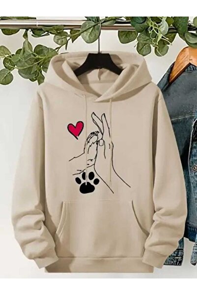 classy moda Unisex Beige Loose Cut Hooded Sweatshirt with Inner Pockets Warm ...
