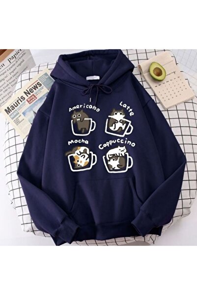 classy moda Unisex Navy Blue Streetwear Oversize Hooded Casual Cotton Sweatsh...