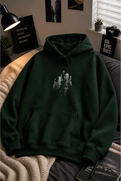 ZEMLİYA Modexa Unisex Hoody Green Loose Fit Hooded Sweatshirt with Inner Pock...
