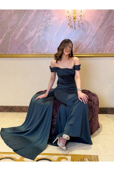 ALMAHA Dark Green Crepe Satin Off Shoulder Corset Dress - XS