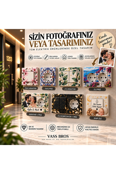 Vass Bros Kişiye Özel Dekoratif Elektrik Anahtarı, Priz ve Kapı Zili – Fotoğr...