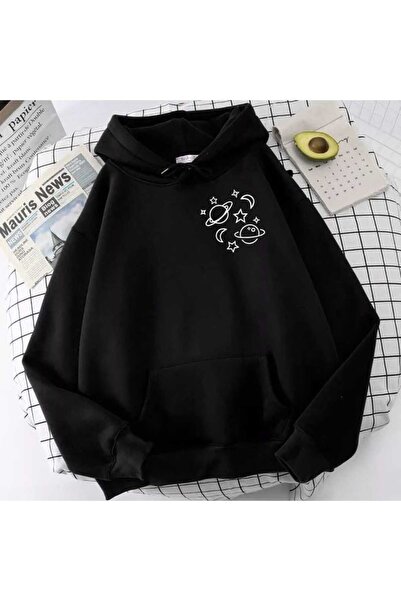 bellanova Unisex Black Off-Shoulder Oversize Hooded Casual Sweatshirt with Ka...