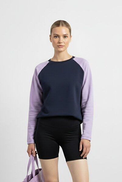 pulur.co Lacivert Bisiklet Yaka Reglan Kol Çift Renkli Rahat Kesim Pamuklu Sw...