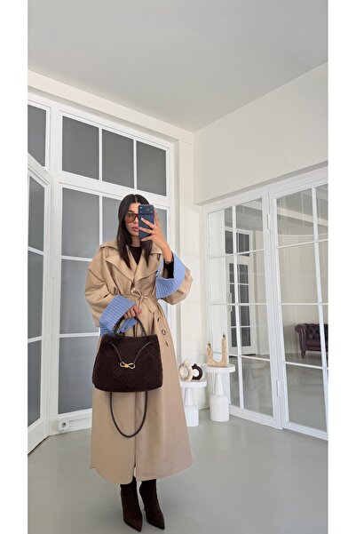 GAUS CO Camel Çizgi Astarlı Kuşaklı Premium Trençkot GAUS-01942